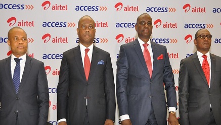 (L-r): Obinna Nwosu, group deputy managing director, Herbert Wigwe, group Managing Director, both from Access Bank, Segun Ogunsanya , Managing Director and Chief Executive Officer, and Maurice Newa, Chief Commercial Officer, both from Airtel Nigeria, at the launch of ‘Access Money powered by Airtel’ on Wednesday in Lagos.